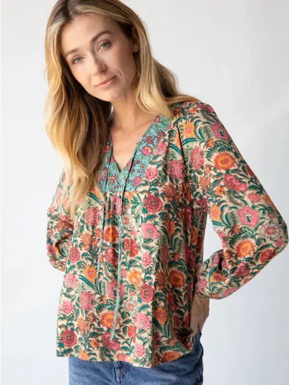 NATURAL LIFE Teal Yoke Floral Peasant Blouse with Pink and Orange Accents